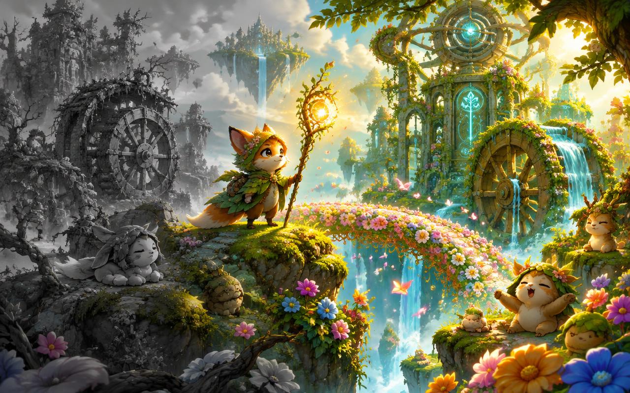 A fox-like guardian with a glowing staff restoring a grey island into colour