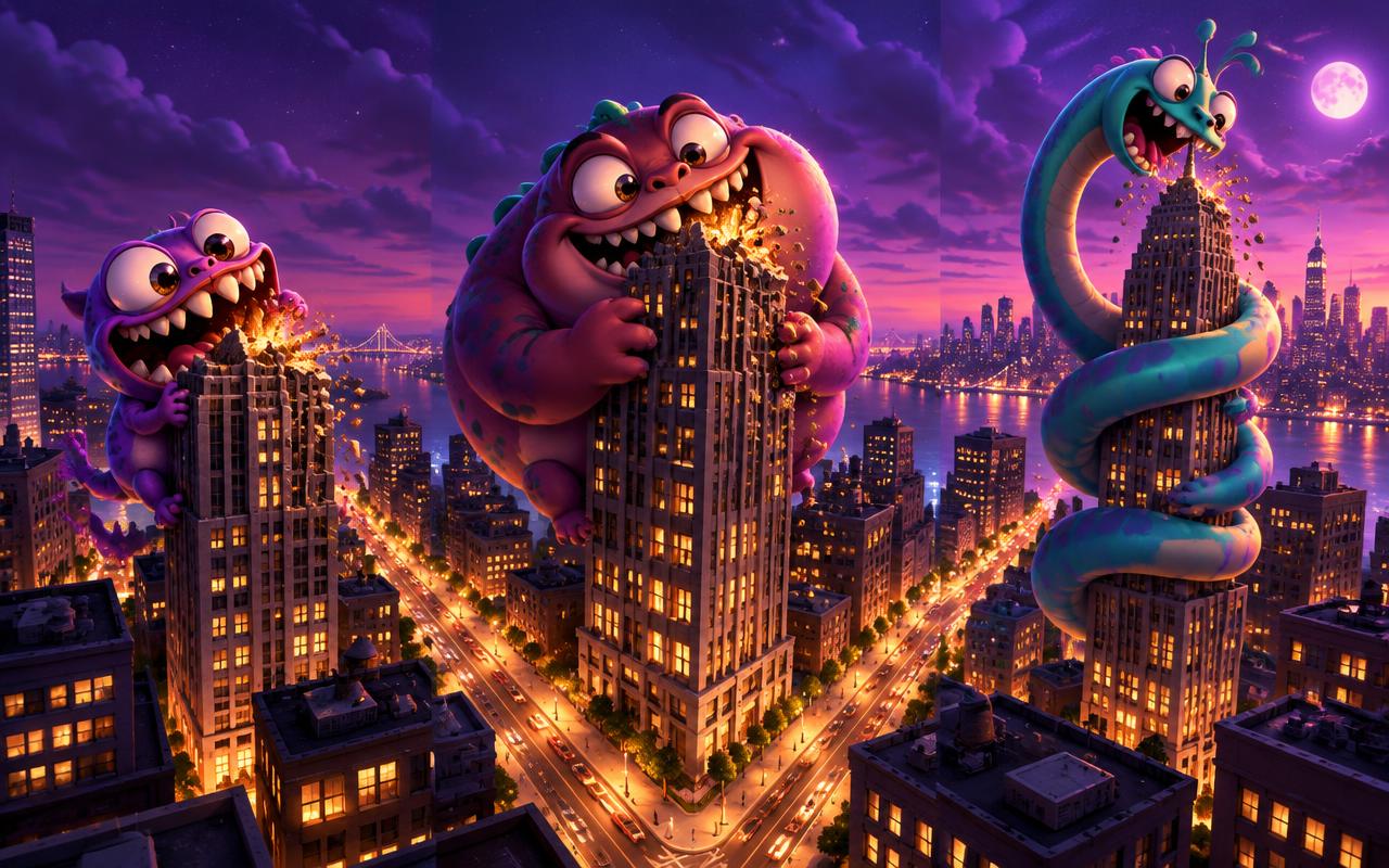 Cartoon monsters happily chewing skyscrapers at night